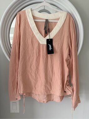 Peach V-Neck Blouse with Cream Contrast Trim
